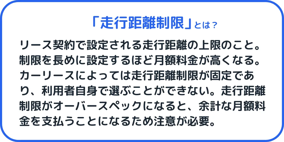 走行距離制限とは、リース契約で設定される走行距離の上限のこと。制限を長めに設定するほど月額料金が高くなる。カーリースによっては走行距離制限が固定であり、利用者自身で選ぶことができない。走行距離制限がオーバースペックになると、余計な月額料金を支払うことになるため注意が必要。