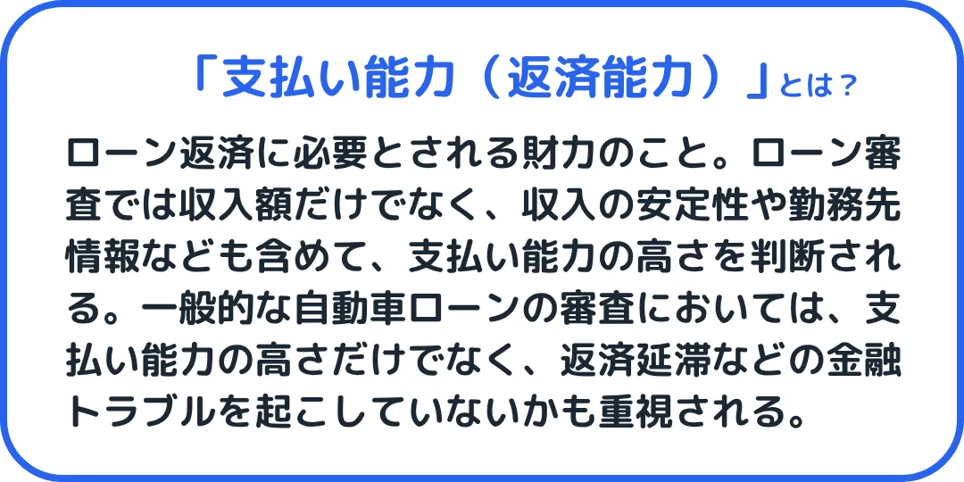 支払い能力とは、ローン返済に必要とされる財力のこと。ローン審査では収入額だけでなく、収入の安定性や勤務先情報なども含めて、支払い能力の高さを判断される。一般的な自動車ローンの審査においては、支払い能力の高さだけでなく、返済延滞などの金融トラブルを起こしていないかも重視される。